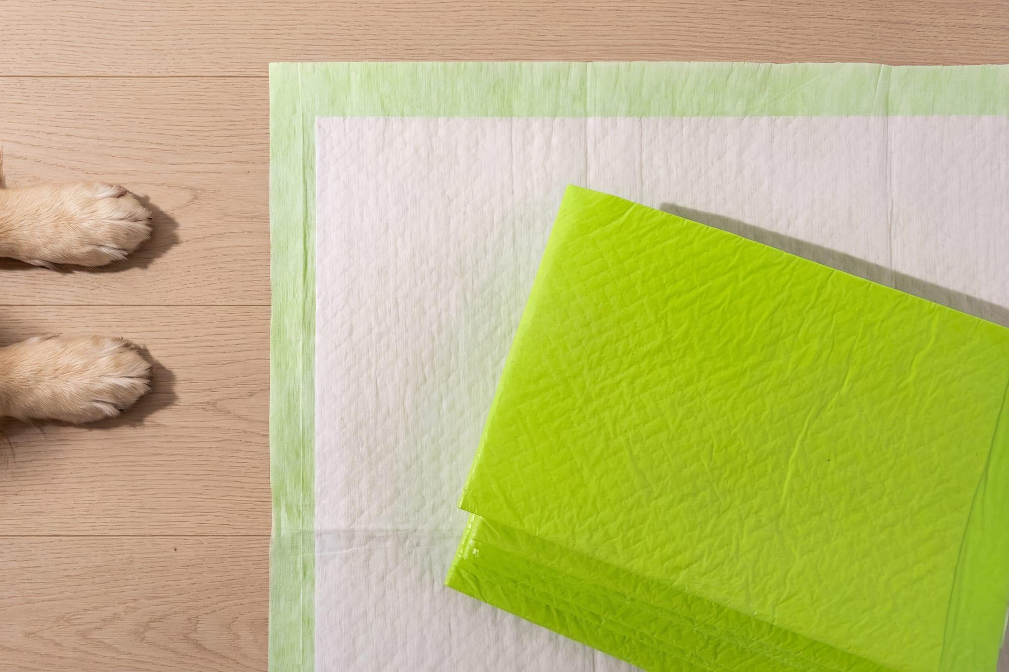 A fresh green Pee Pad folded and ready on top of the FloorMate
