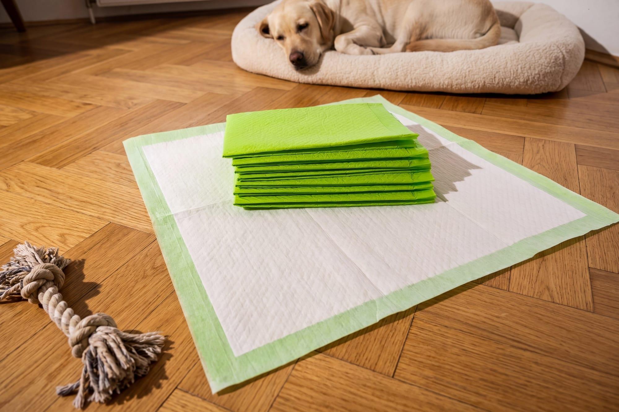 A stack of fresh green Bella & Co. Pee Pads laid out at home while a puppy naps nearby