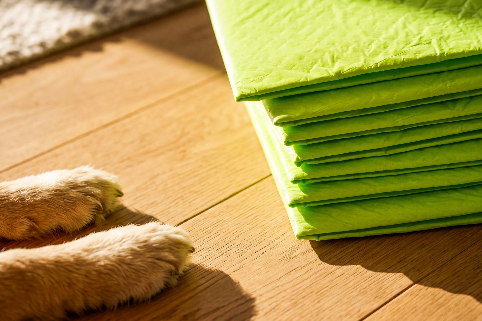 A neat stack of folded green Pee Pads ready for daily changes