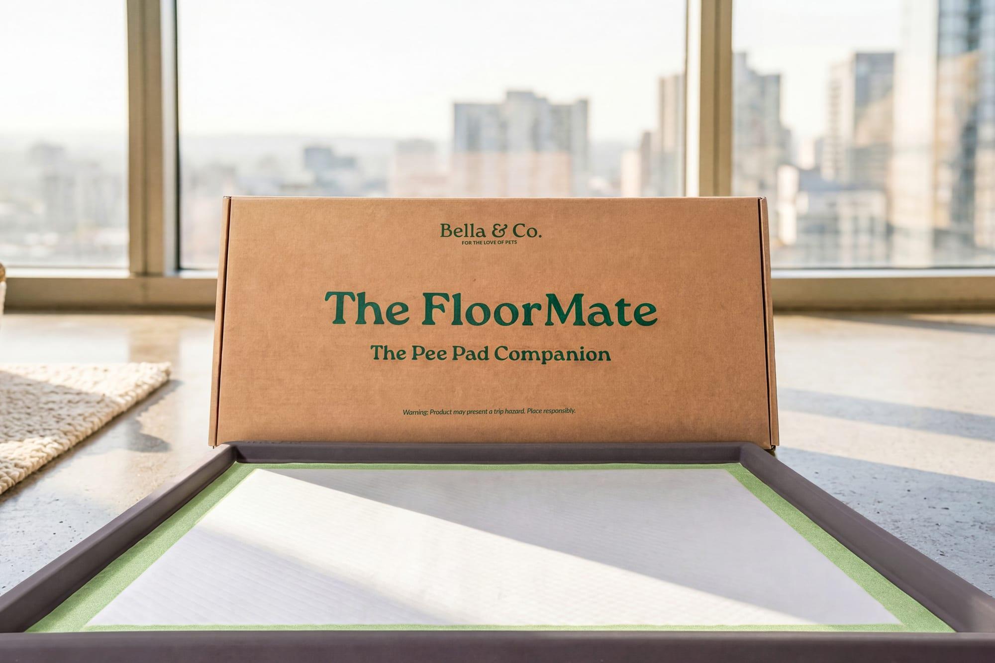 The FloorMate box in a high-rise apartment with a city view