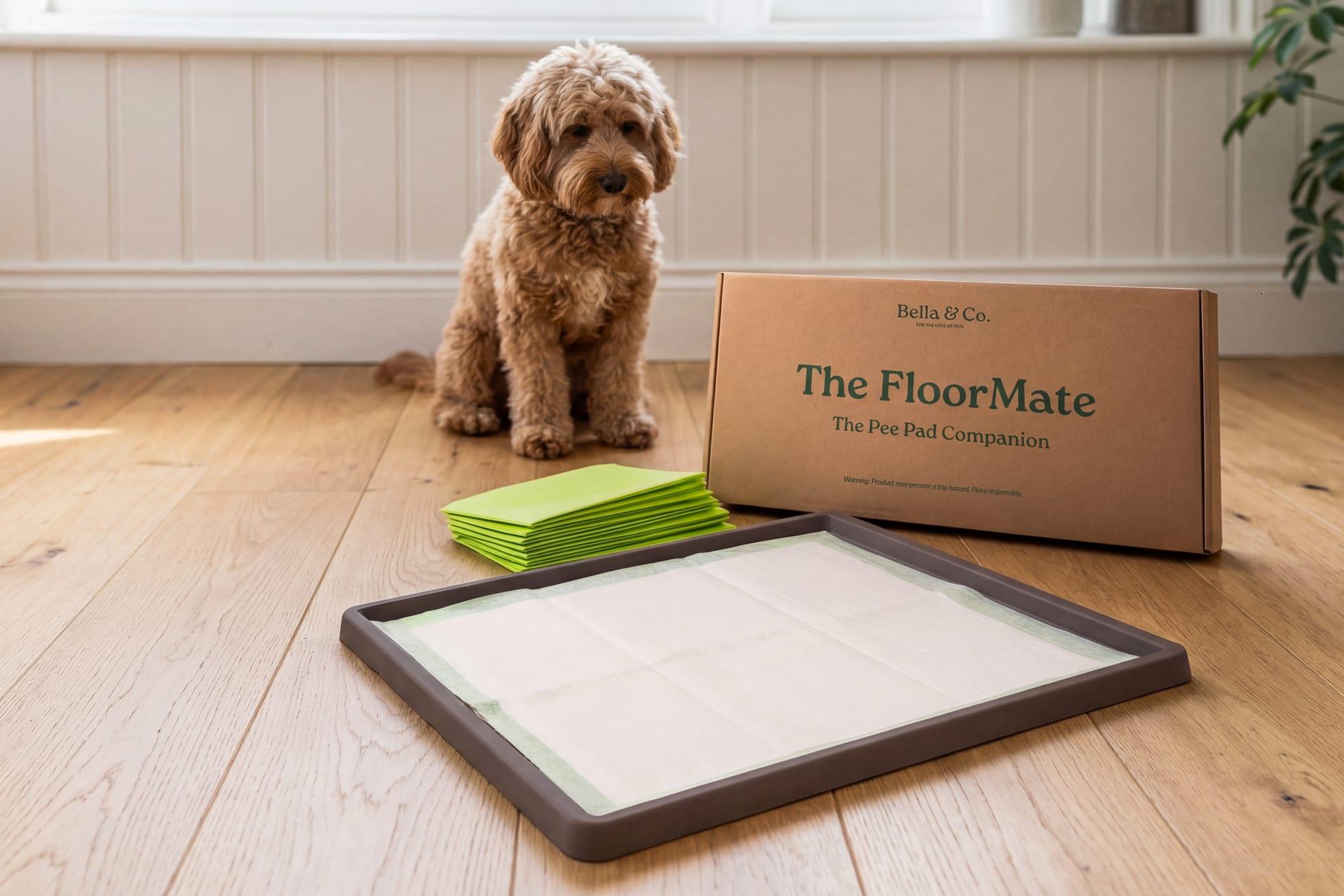 A golden retriever sitting calmly beside the FloorMate and a stack of Pee Pads