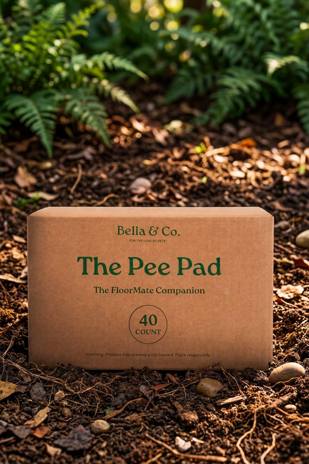 The Pee Pad box surrounded by leaf litter on the forest floor