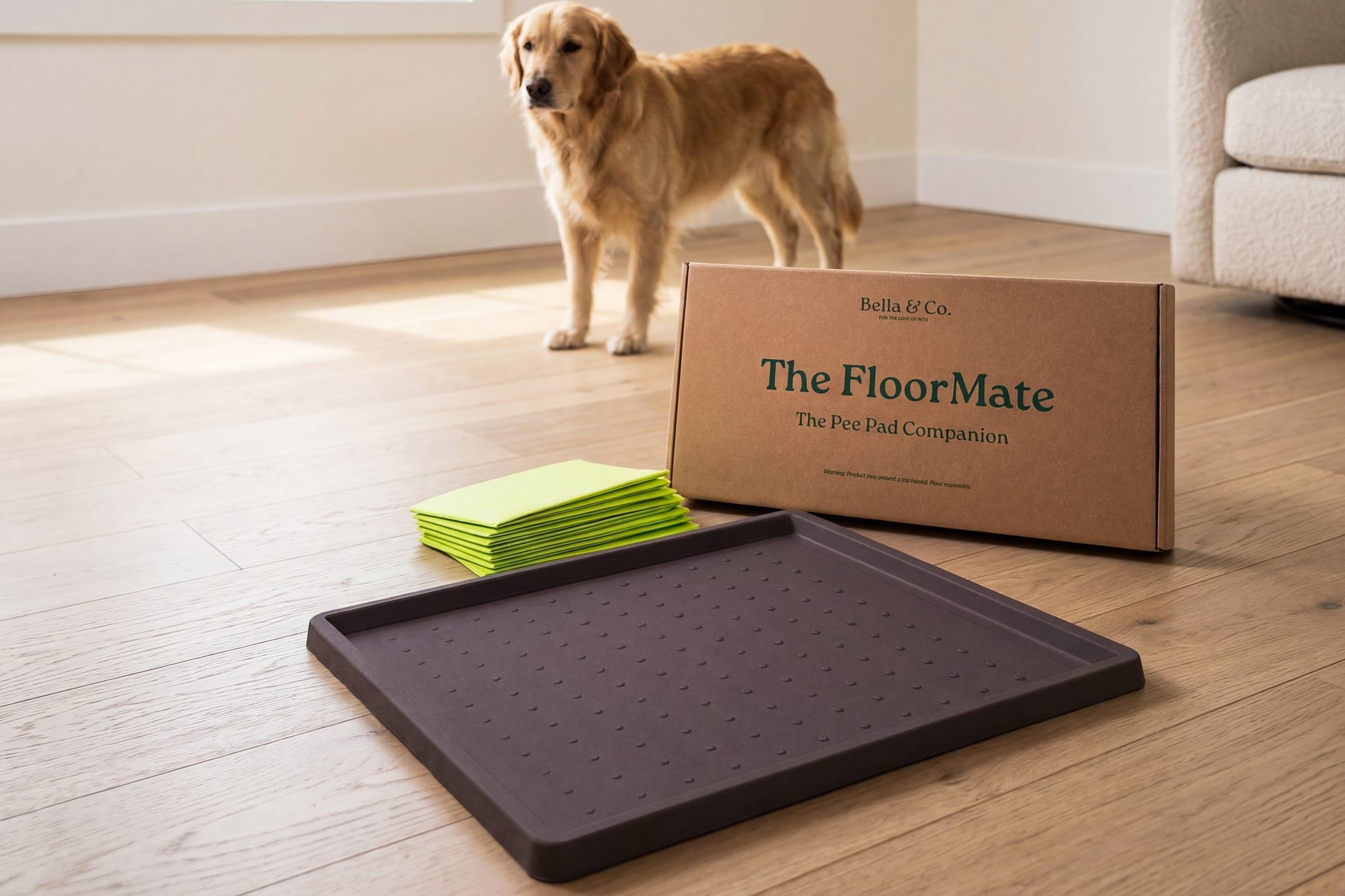 A dog next to FloorMate packaging at home
